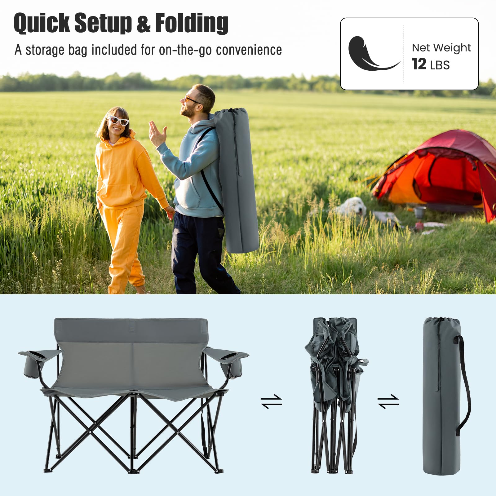 Goplus Double Camping Chair folds into a compact carrying bag for travel