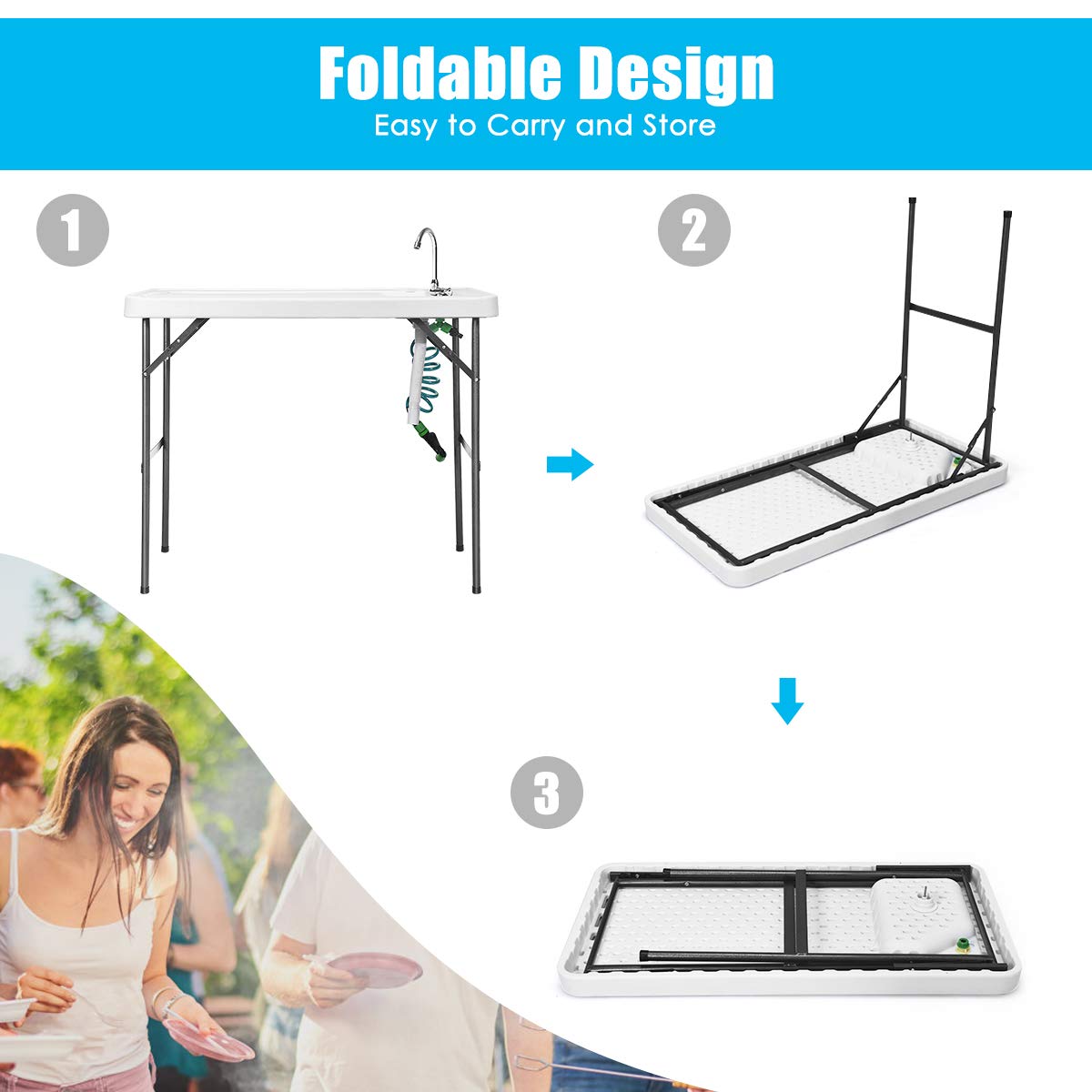 Goplus non-slip feet stabilize the table on uneven surfaces.