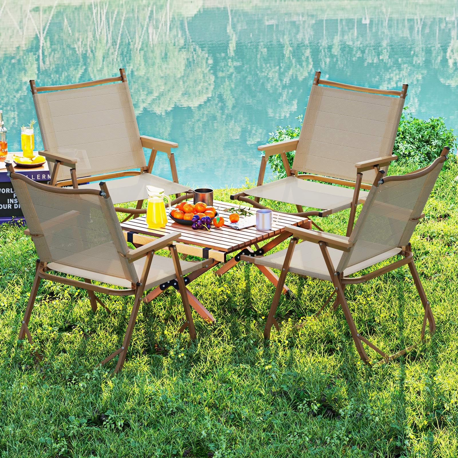 Goplus folding camp chair beige folded for portability and storage
