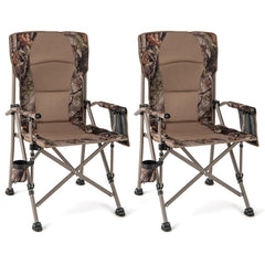 Goplus folding camping chair open in camo, offering stable outdoor seating.
