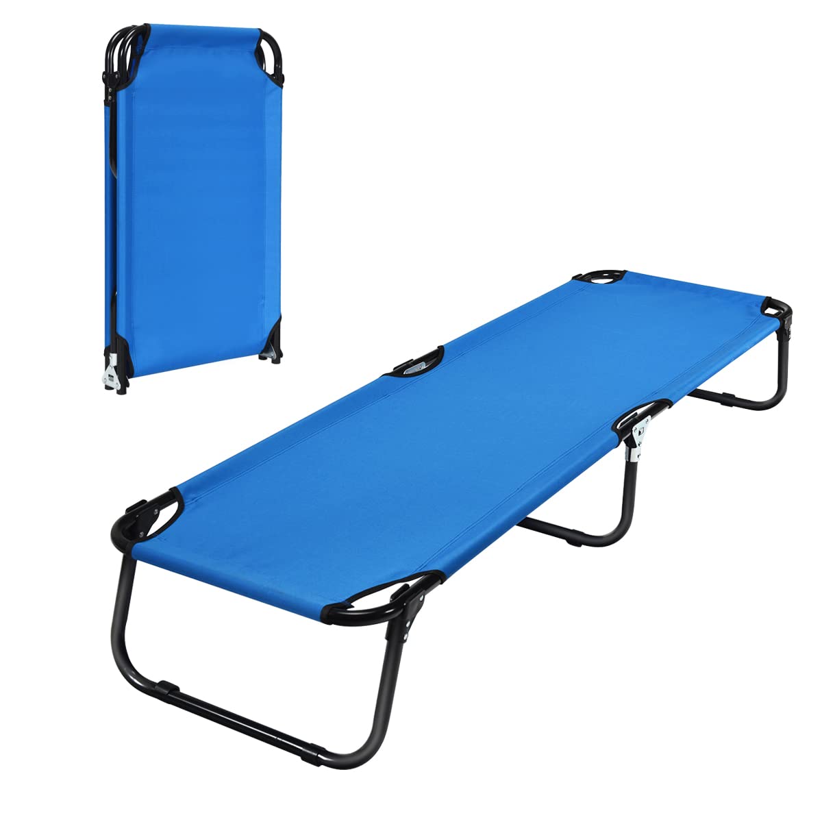 Goplus folding camping cot setup outdoors shows easy assembly and portable design