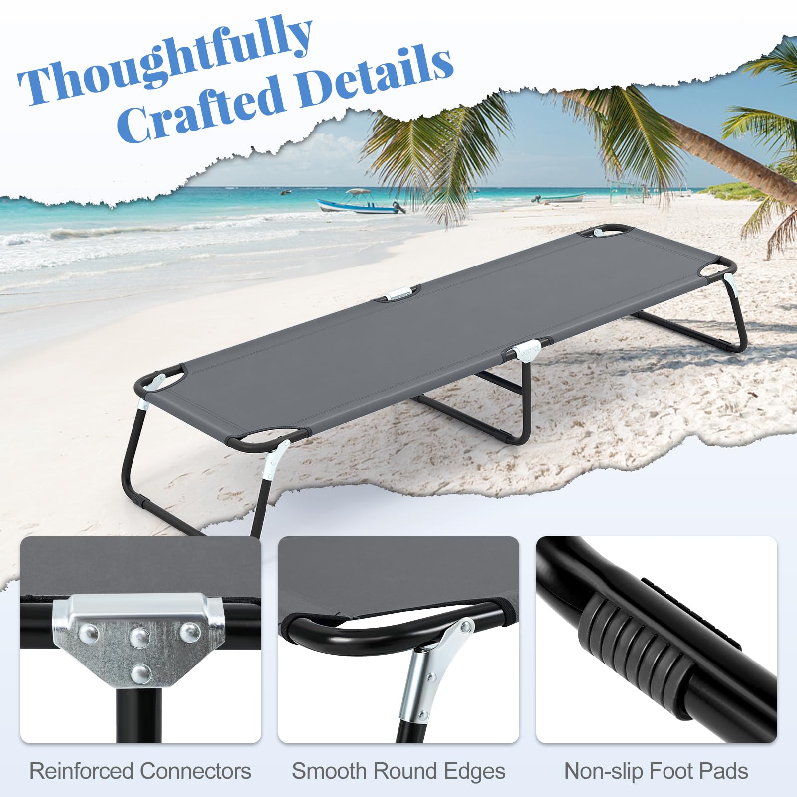 Goplus cot suited for camping, hiking, and beach adventures with reliable weight support