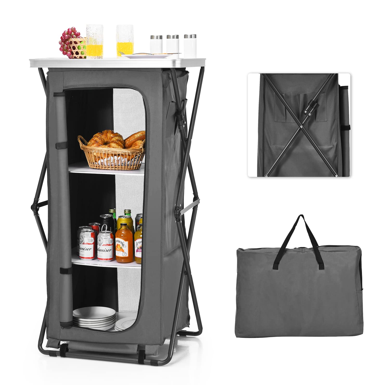 Goplus folding camping storage cabinet top view showing spacious workspace