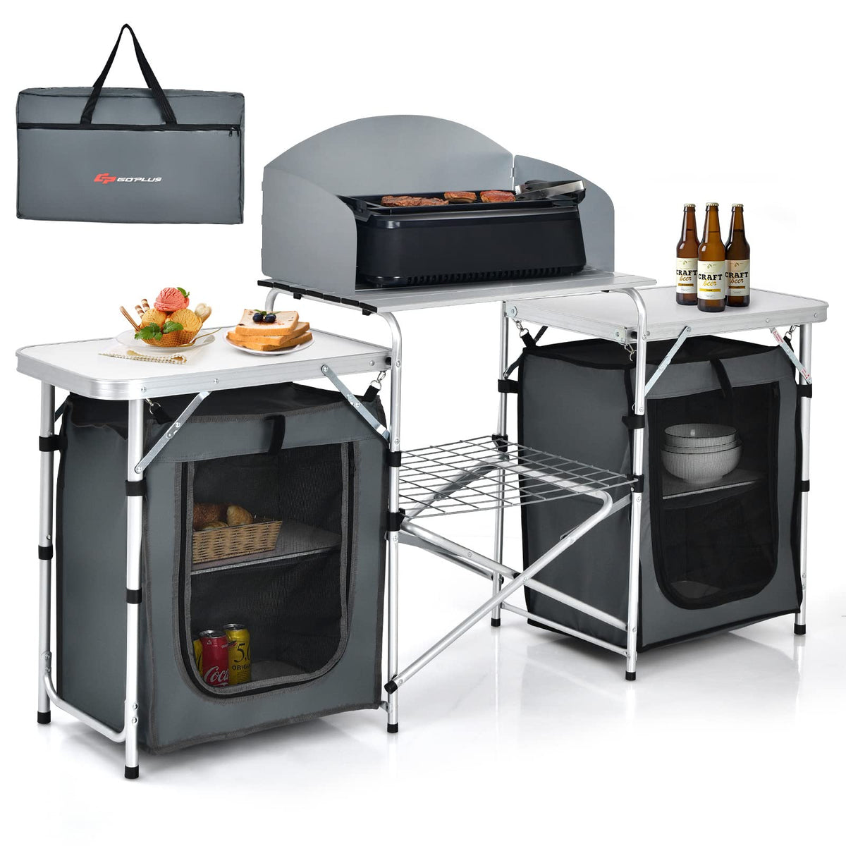Goplus folding camping table storage area keeps prep essentials organized outdoors