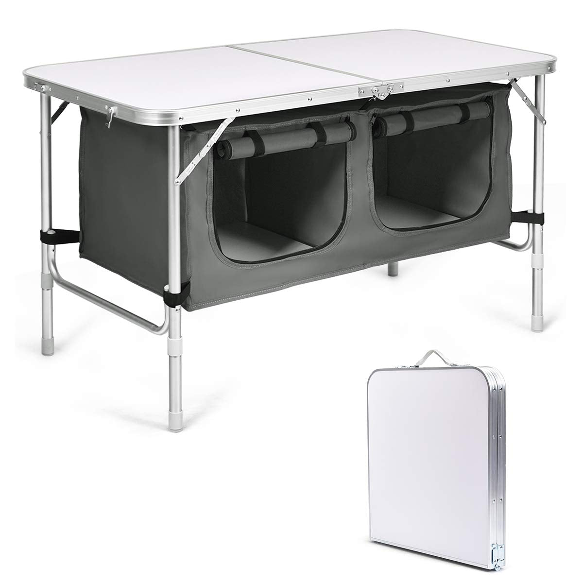 Goplus folding camping table with storage, compact when folded for easy transport and setup.