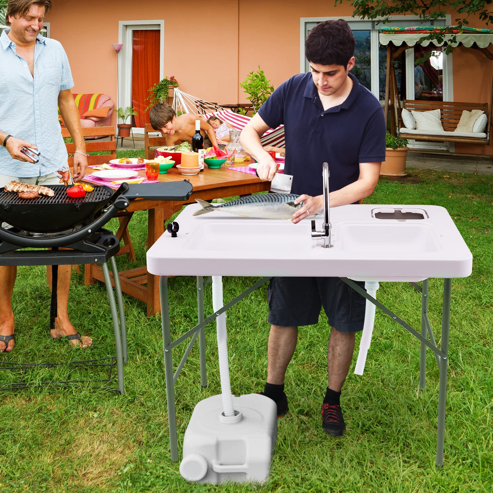 Goplus folding fish-cleaning-table with dual sinks for efficient washing.