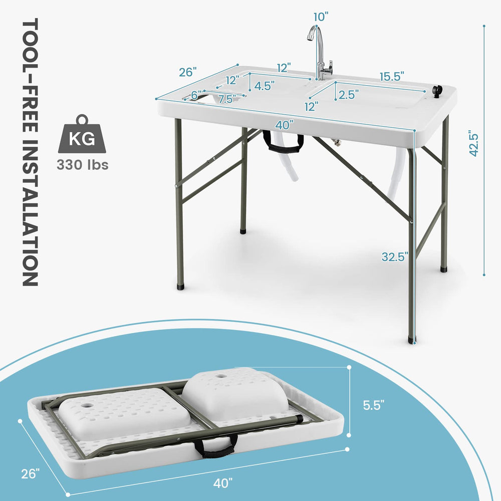 Goplus folding table with hose faucet enables flexible water access.