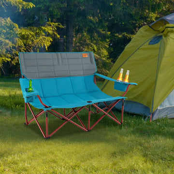 Goplus folding loveseat with thick padding for cozy outdoor seating.