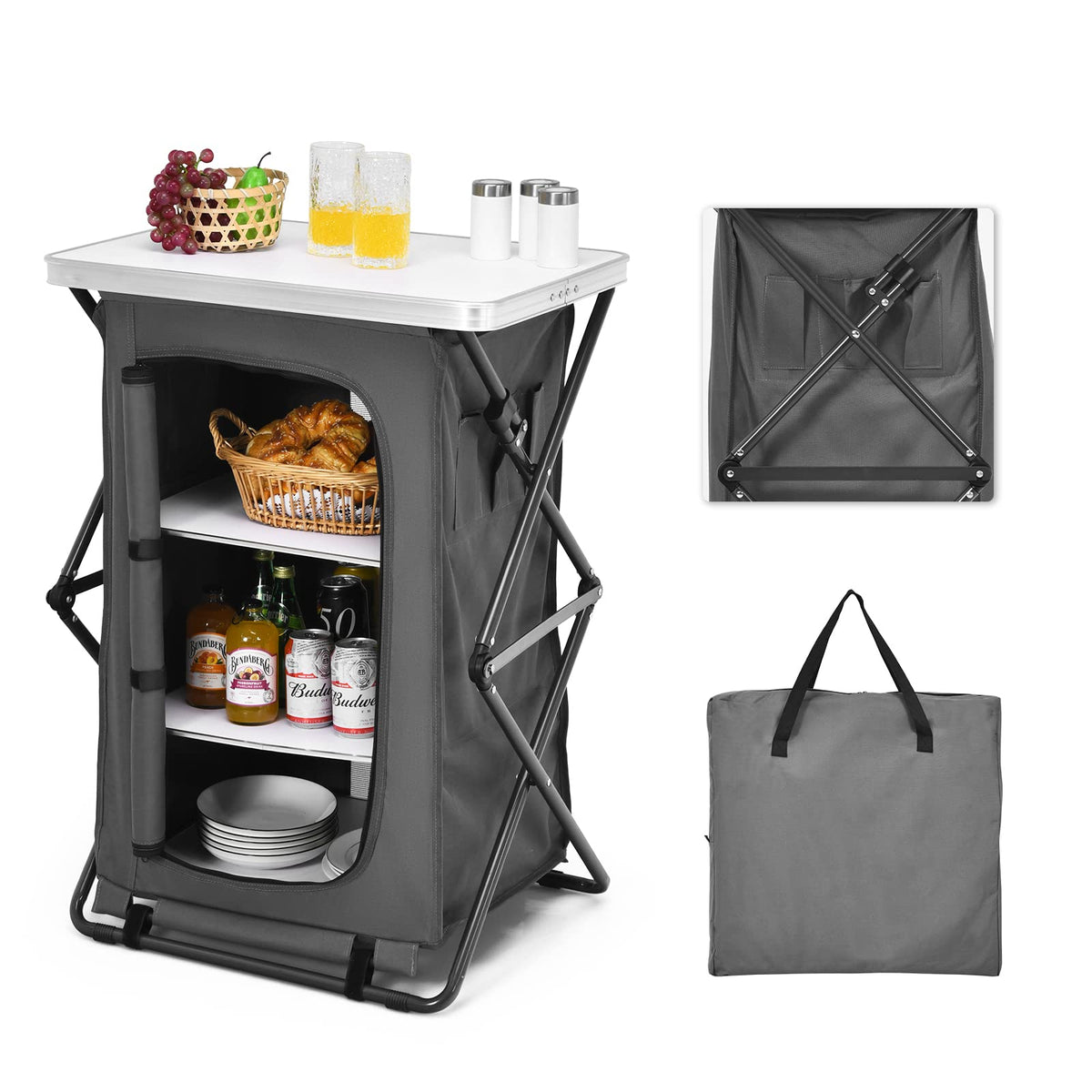 Goplus folding storage cabinet top view with 3-tier organization for snacks and gear