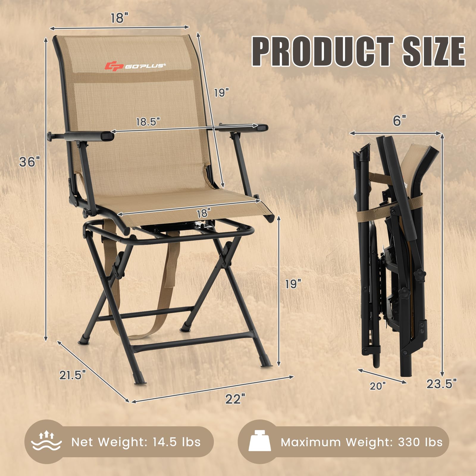 Goplus hunting chair 330 lbs capacity with stable X-frame ensures reliability.