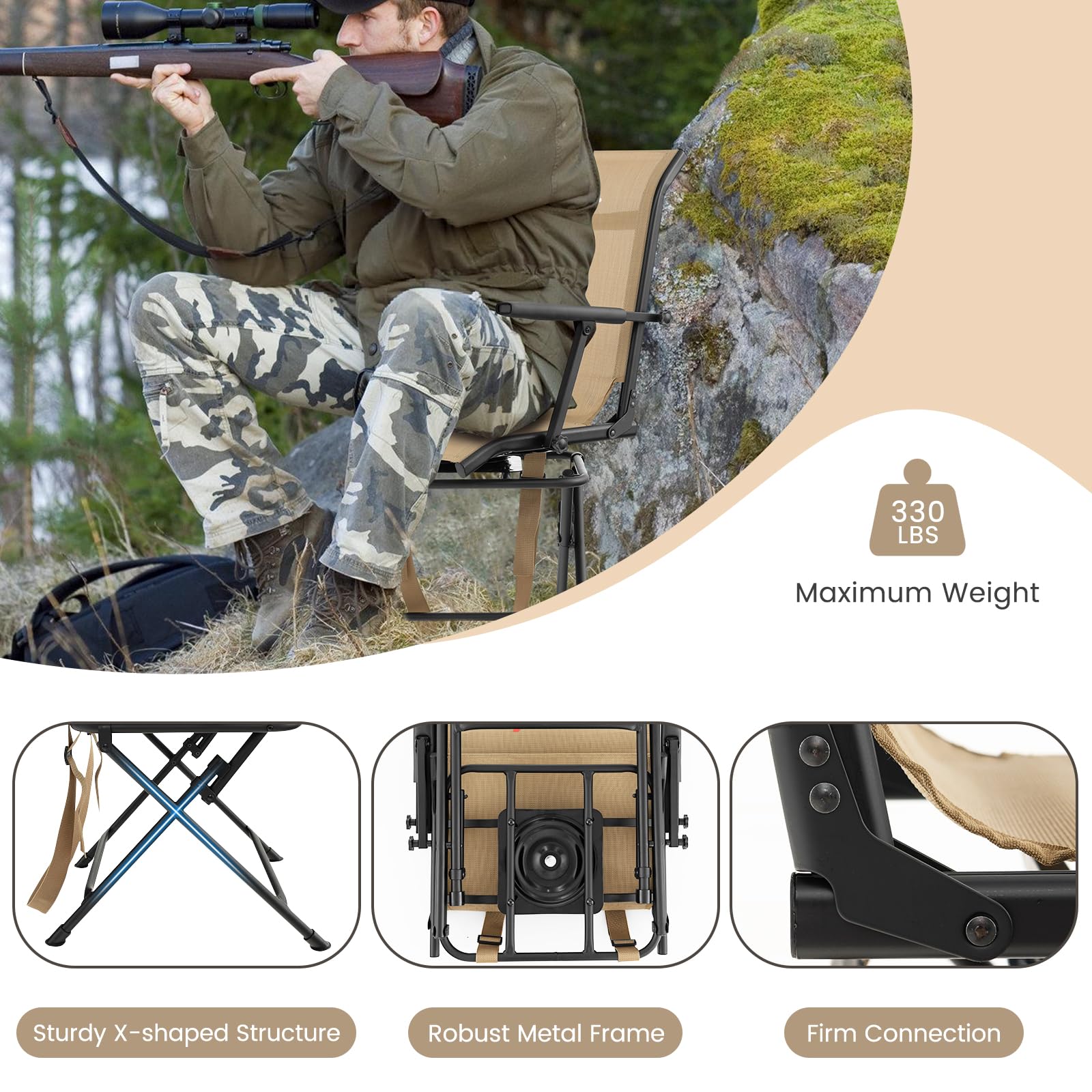 Goplus hunting chair carrying strap enables hands-free carrying.