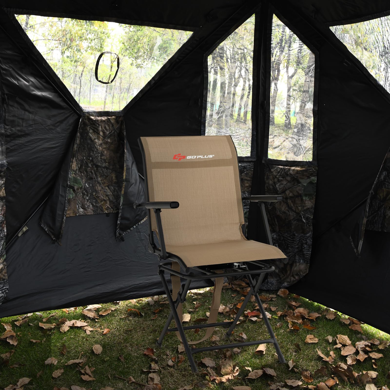 Goplus hunting chair quick-fold design folds in three steps for easy transport.