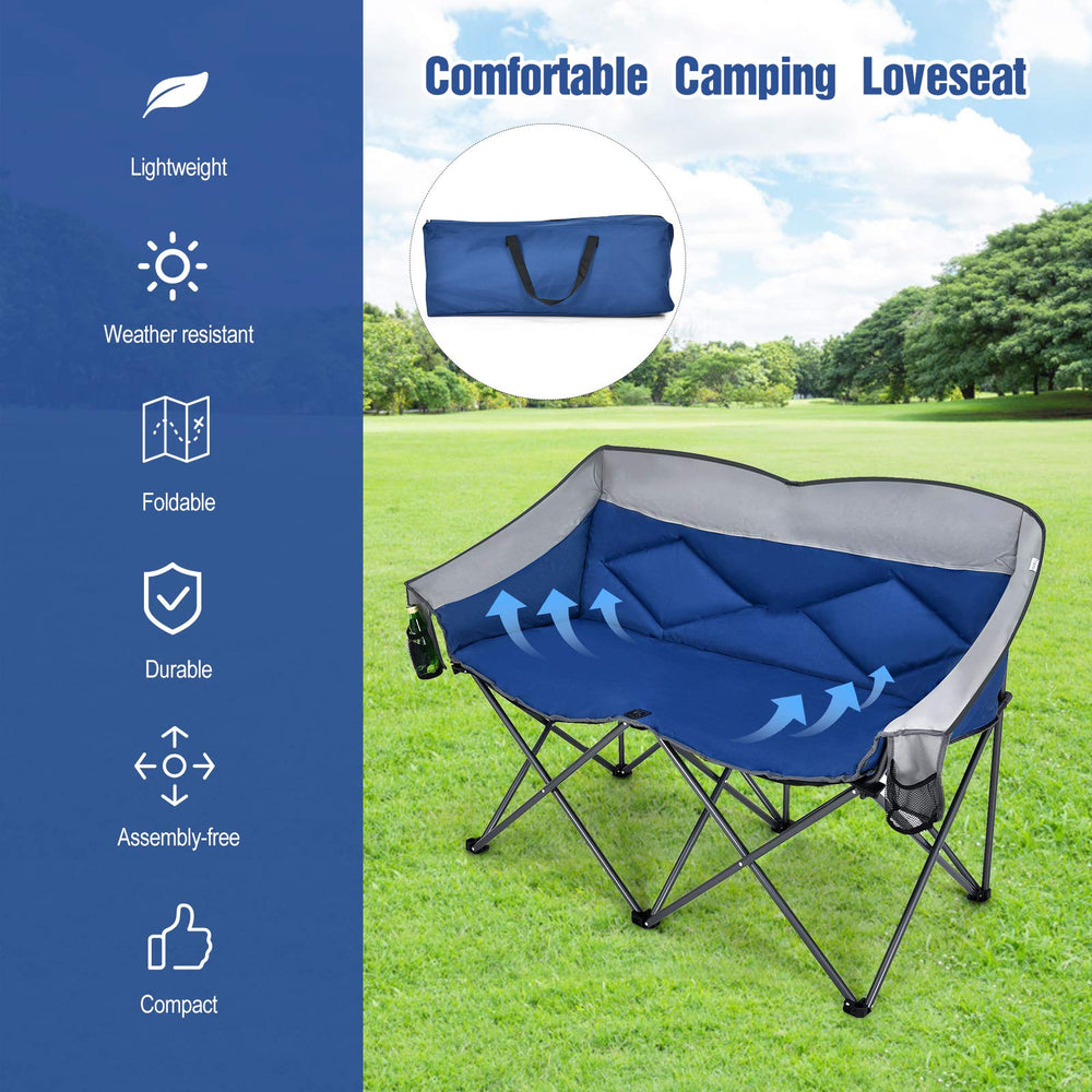 Goplus Loveseat Camping Chair blue color enhances outdoor setups.