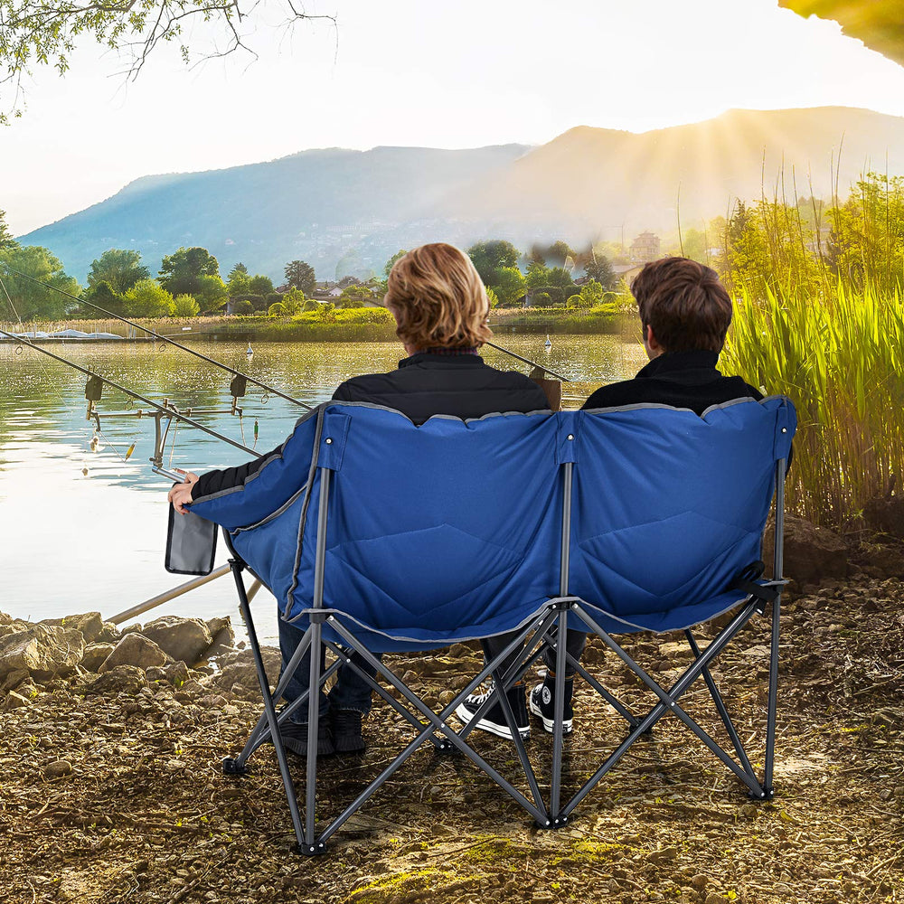 Goplus Loveseat Camping Chair with high backrest supports long conversations by the campsite.