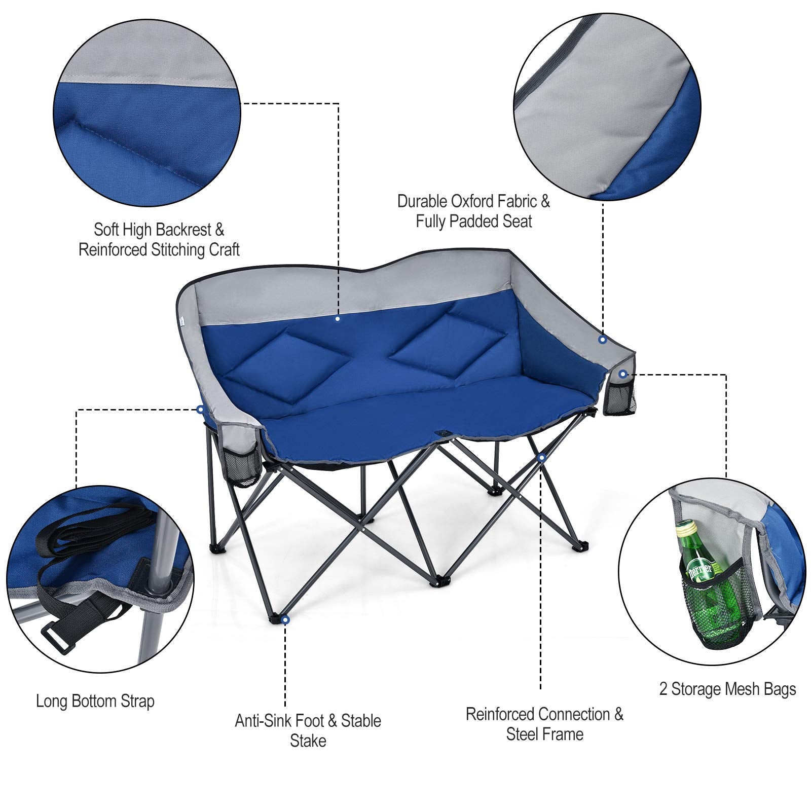 Goplus Loveseat Camping Chair requires no assembly, ready to use.