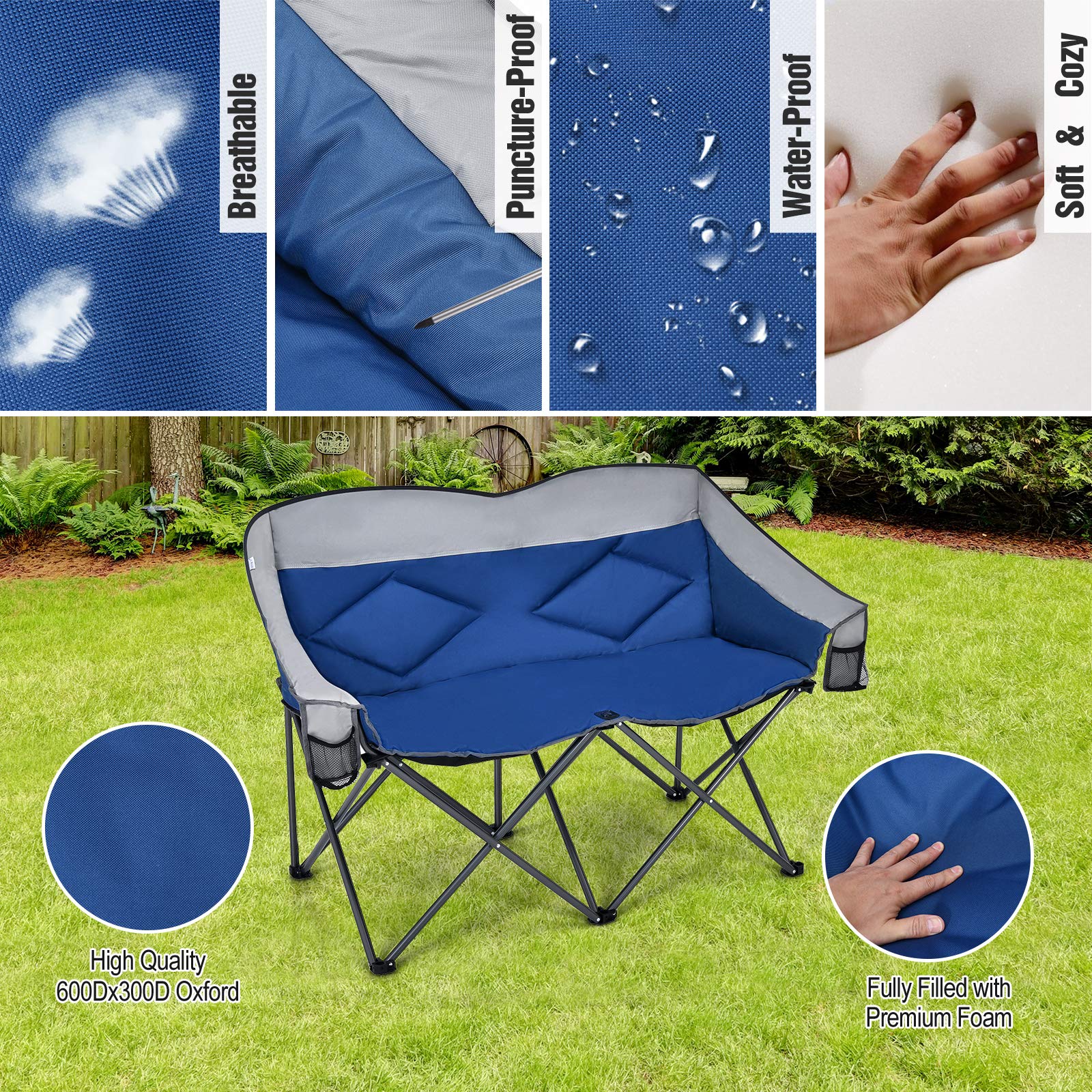 Goplus Loveseat Camping Chair side mesh bags provide quick access to gear.