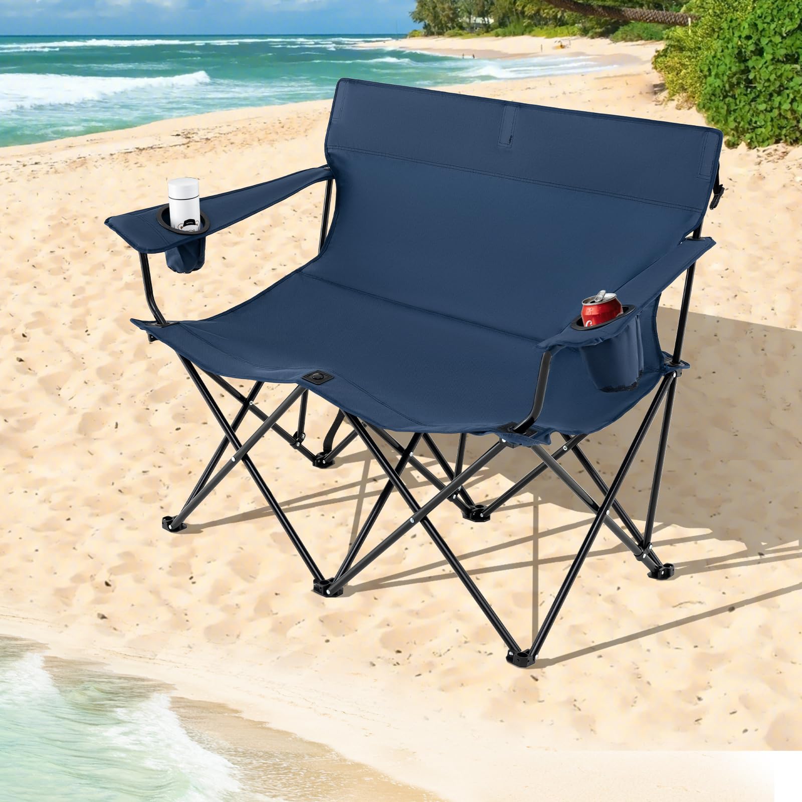 Goplus loveseat camping chair with X-frame for sturdy stability on uneven ground.