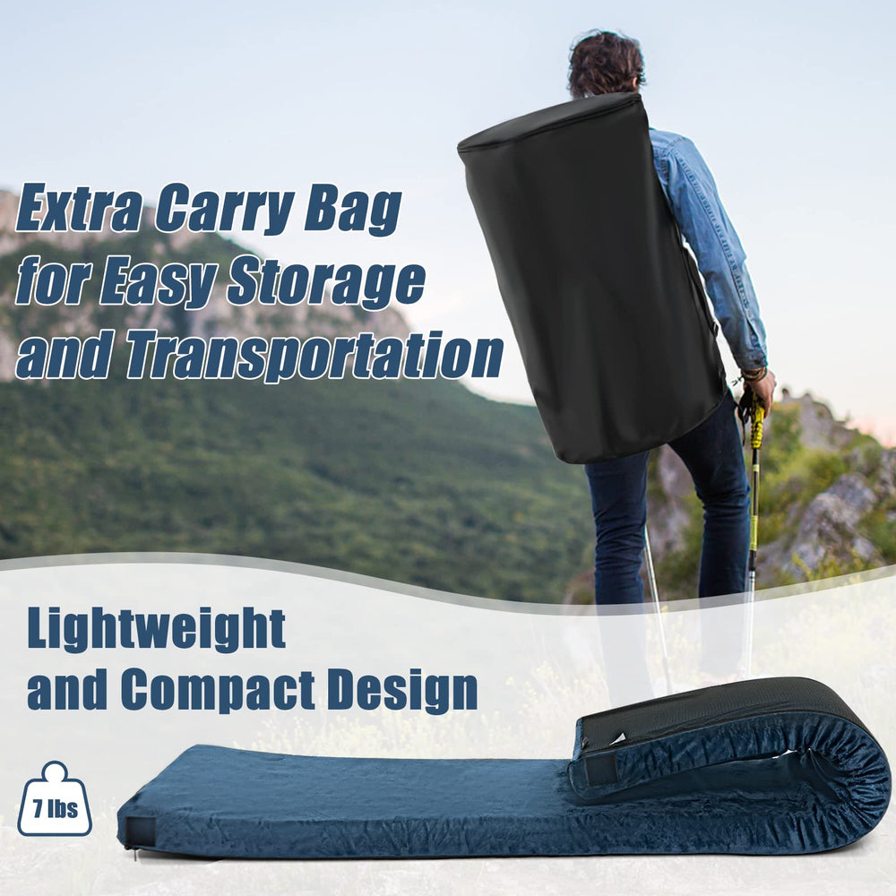 Goplus memory foam camping mattress folded compactly for travel and storage.