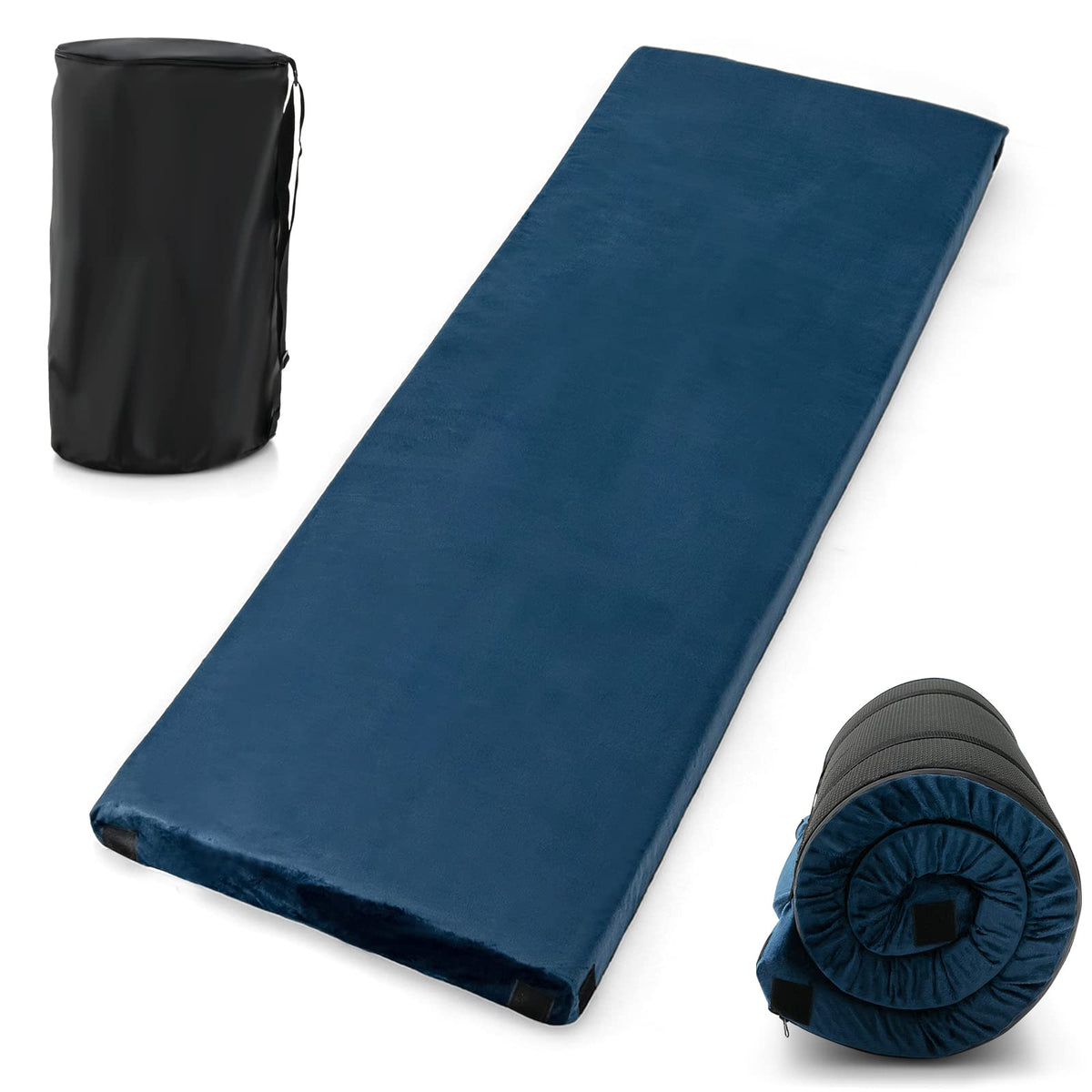 Goplus memory foam camping mattress fully set up for outdoor comfort.