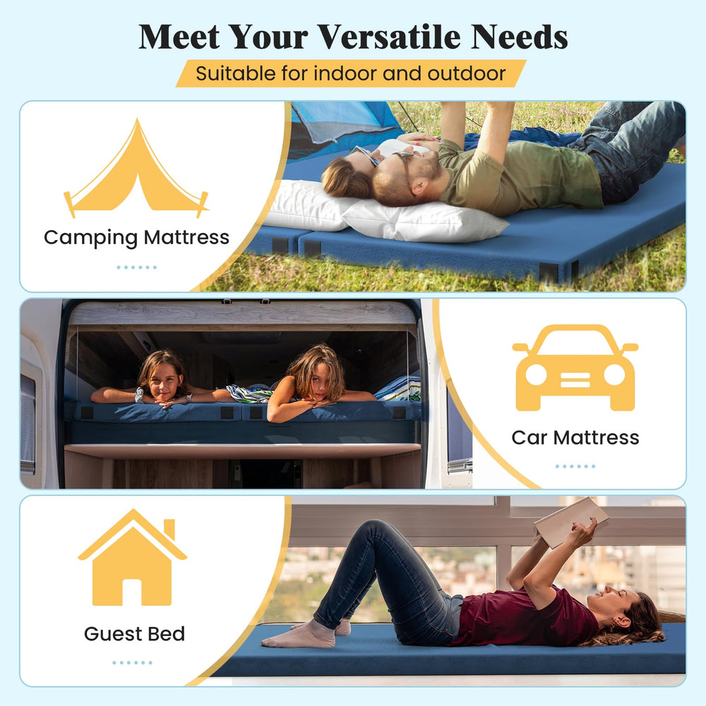 Goplus memory foam camping mattress folded in bag shows easy transport and storage