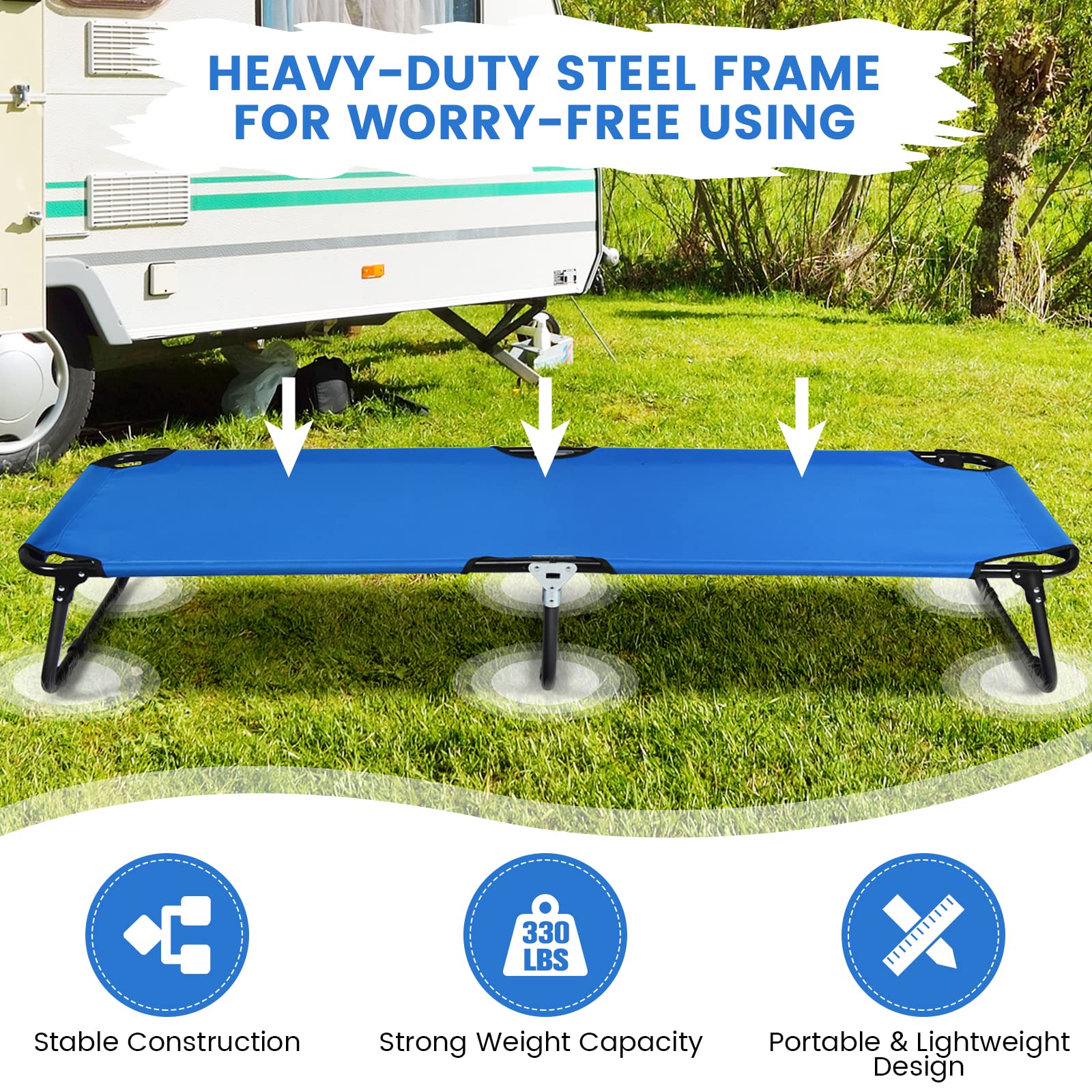 Goplus cot with non-slip foot pads on a rocky surface