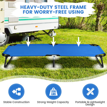 Goplus cot with non-slip foot pads on a rocky surface