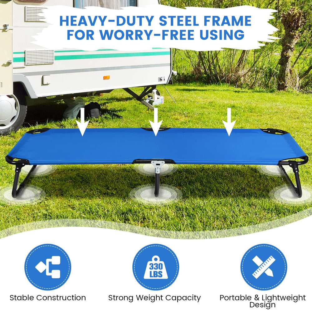 Goplus cot with non-slip foot pads on a rocky surface
