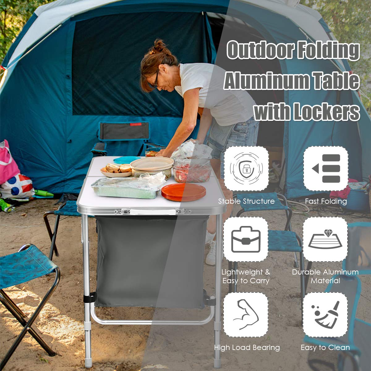 Goplus outdoor table with large storage locker keeps essentials organized.