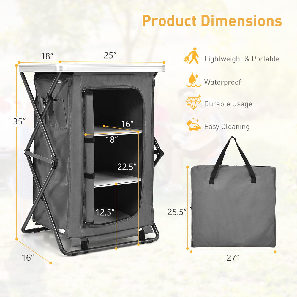 Goplus pop-up outdoor kitchen station open showing accessible shelves