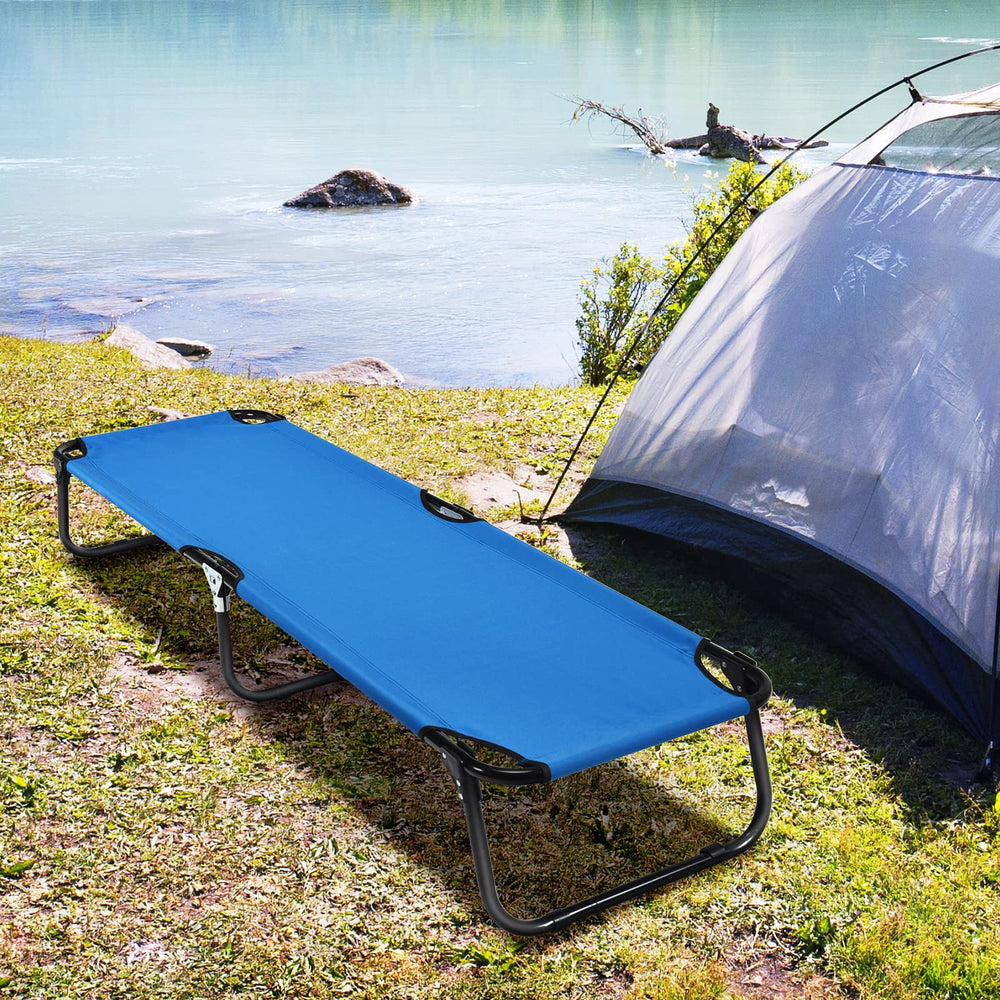Goplus portable sleeping cot shown in home or cabin setting