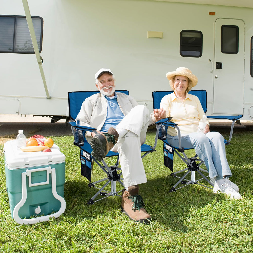 Goplus swivel chair features a cup holder for easy beverage access outdoors.