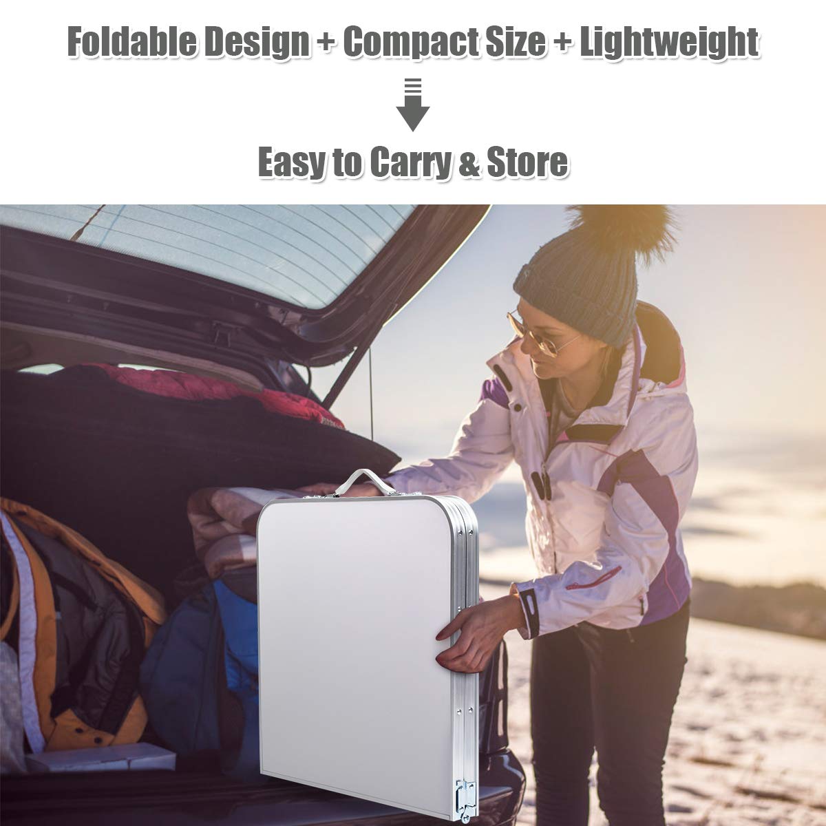 Goplus durable table combines density board and aluminum for long-lasting use.