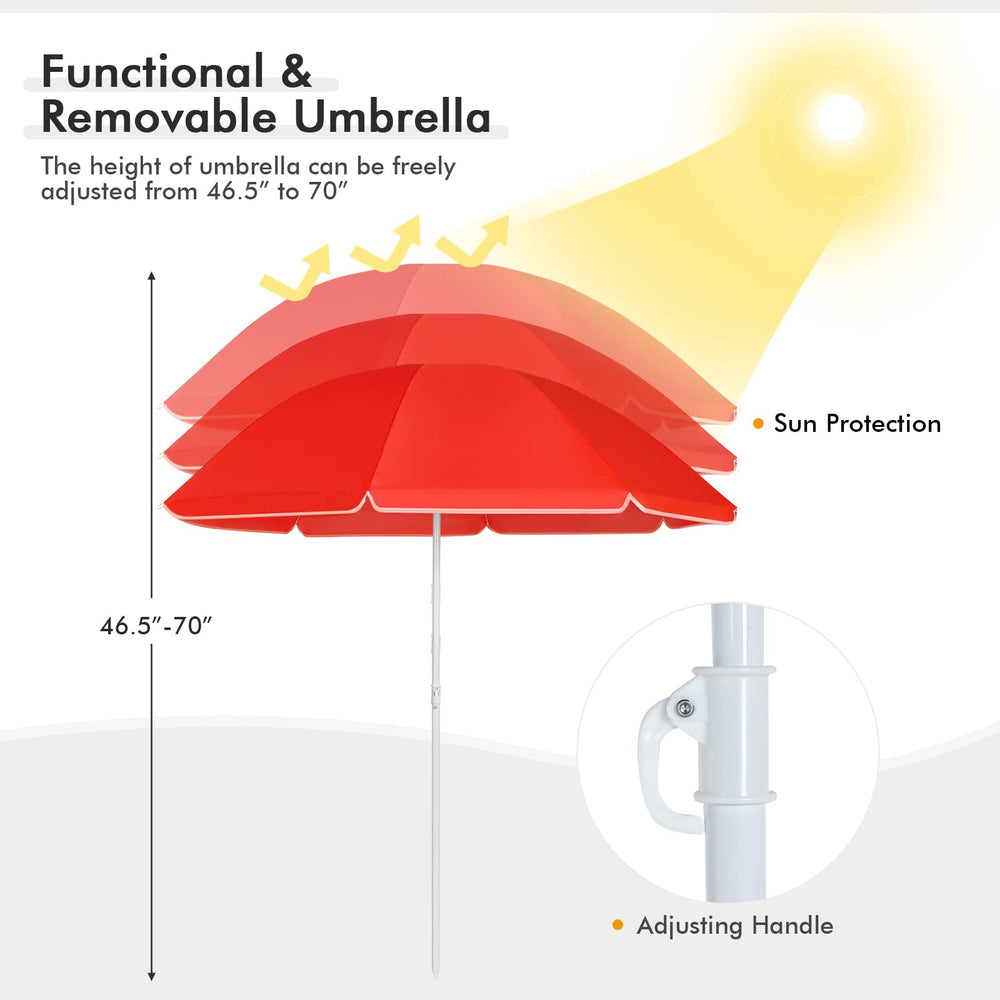 Goplus umbrella shade covers two seats at the beach or patio.