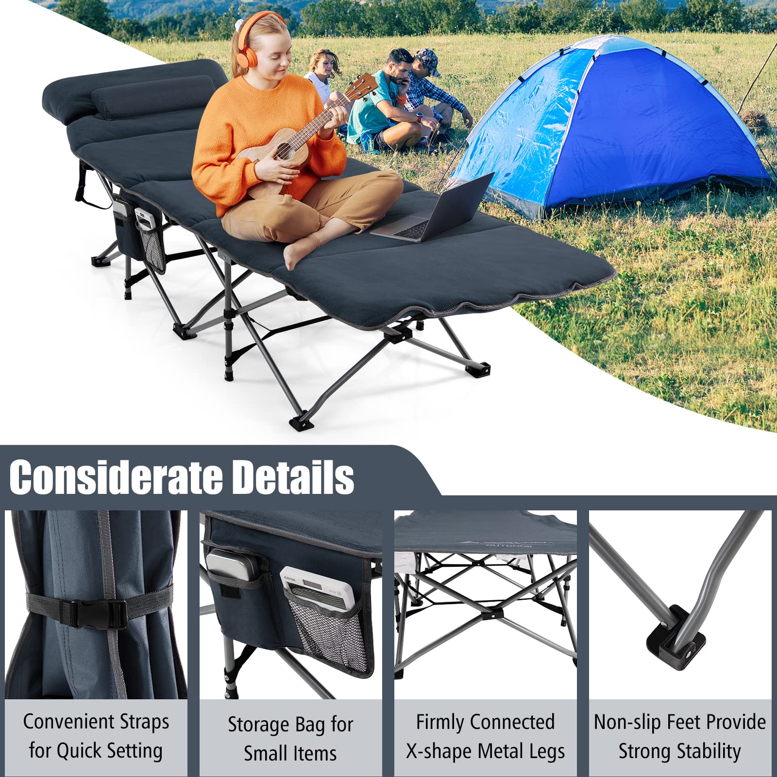 Goplus wide 25.5-inch cot area accommodates full body stretch.