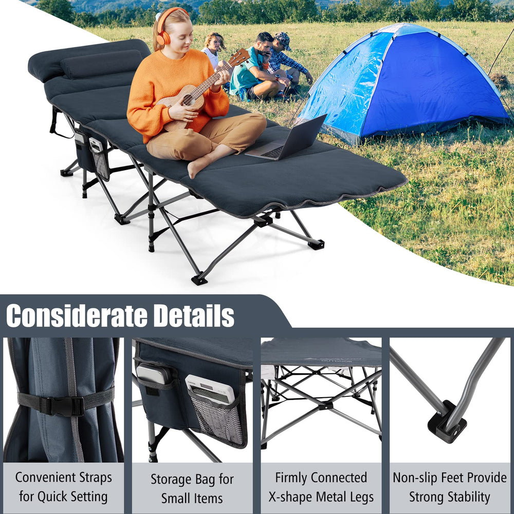 Goplus wide 25.5-inch cot area accommodates full body stretch.