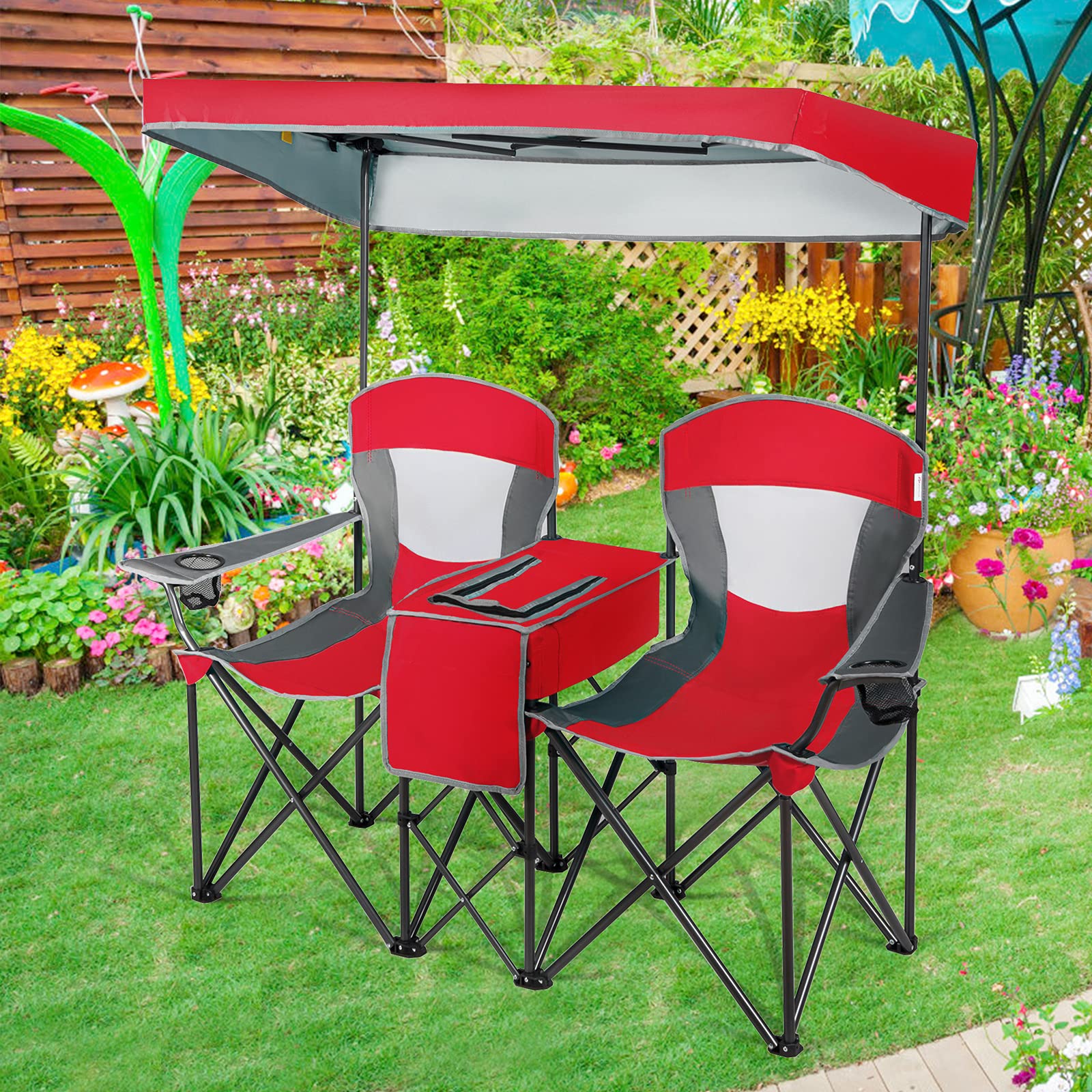 Goplus wide-seat two-person chair enhances comfort on sunny days.