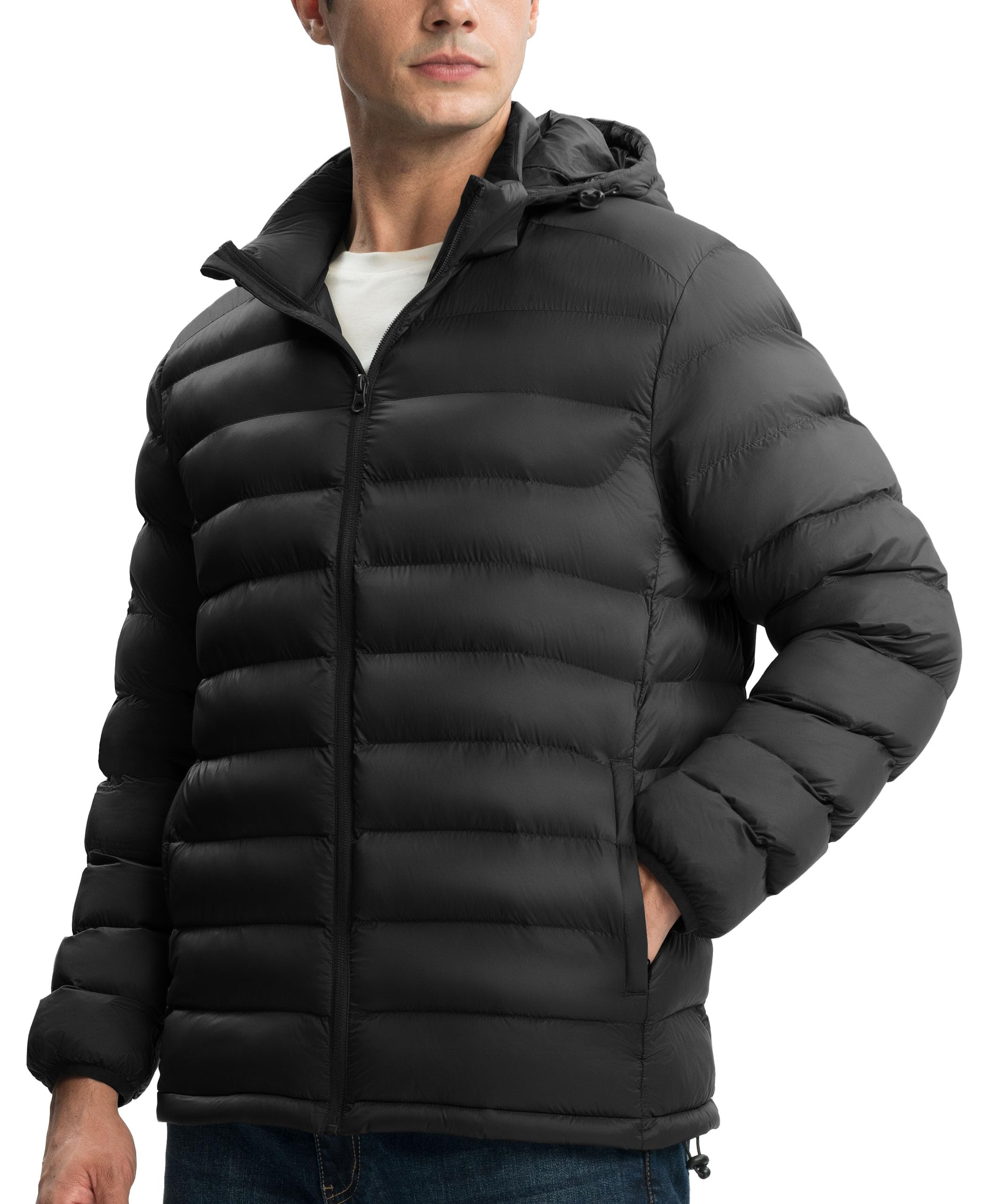 Gopune men's lightweight puffer jacket back view highlighting insulated seams for all-day warmth.