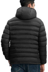Gopune men's lightweight puffer jacket detachable hood closeup showing versatile weather protection.