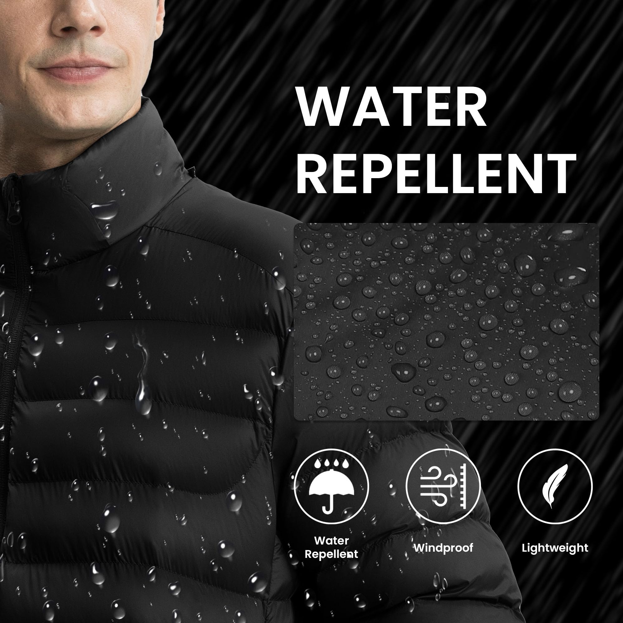 Gopune men's lightweight puffer jacket water-resistant fabric closeup demonstrating rain-ready performance.