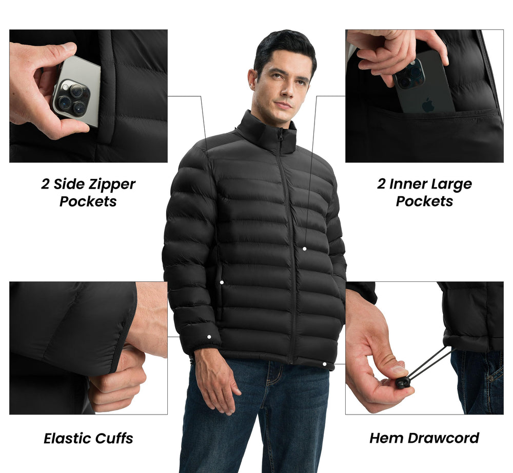 Gopune men's lightweight puffer jacket in winter use illustrating mobility during snow and travel.