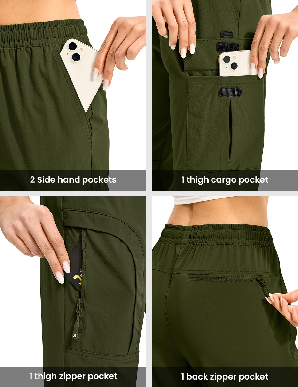 Gopune women's hiking cargo pants pocket layout secures phone and keys during activity.