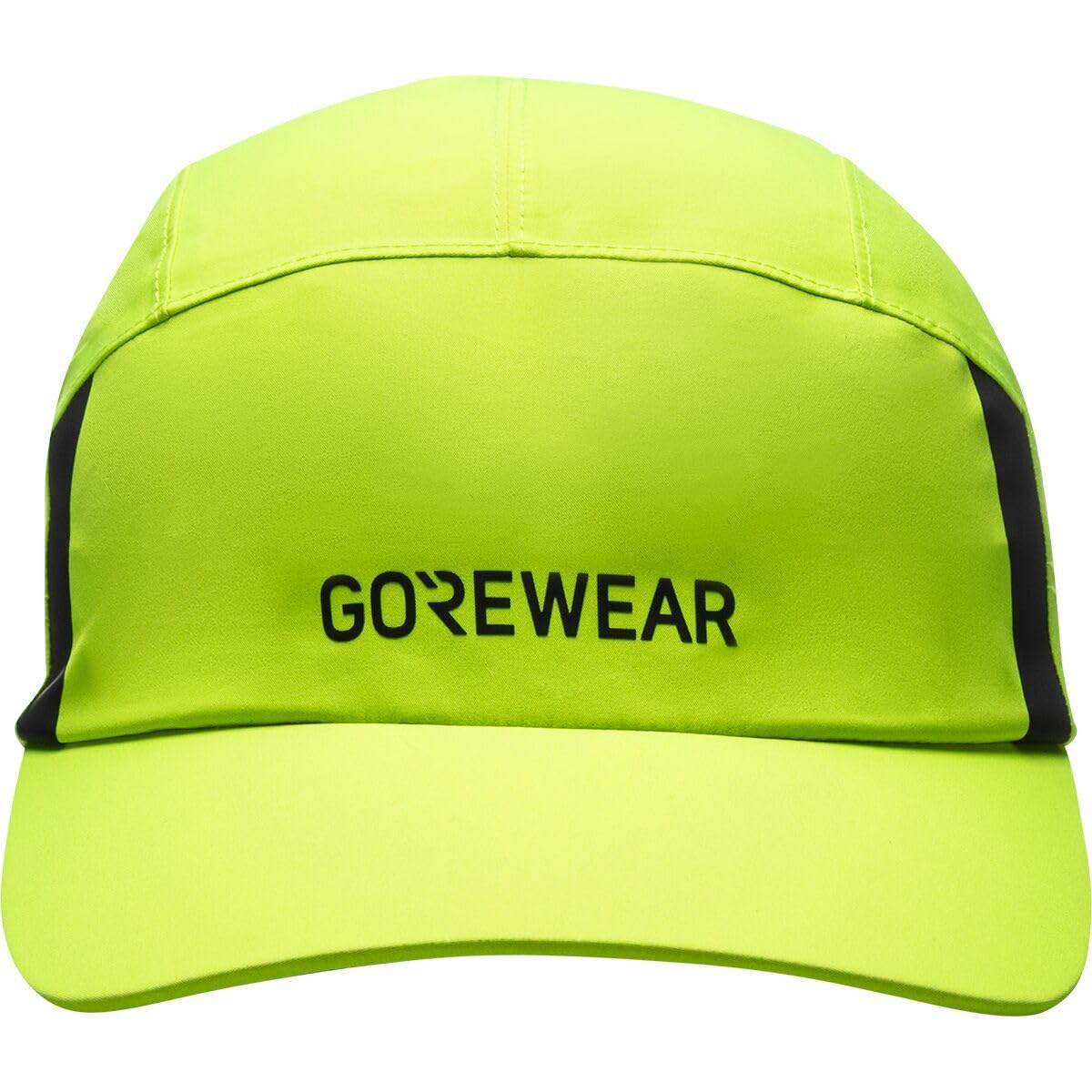 GOREWEAR Gore-Tex cap neon yellow front view keeps head dry and eyes protected on rainy runs.