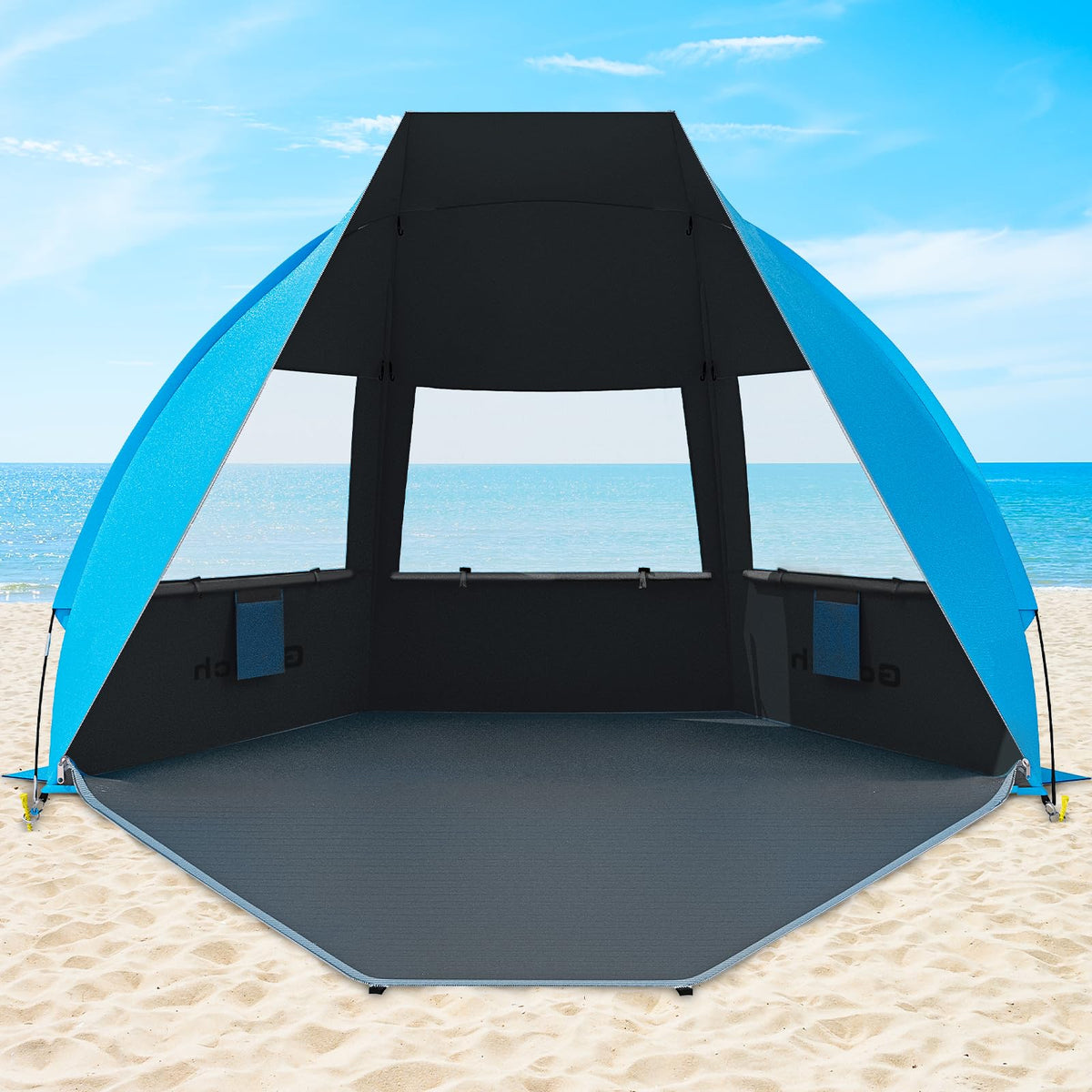 Gorich beach tent fully set up showing ample shade for the family