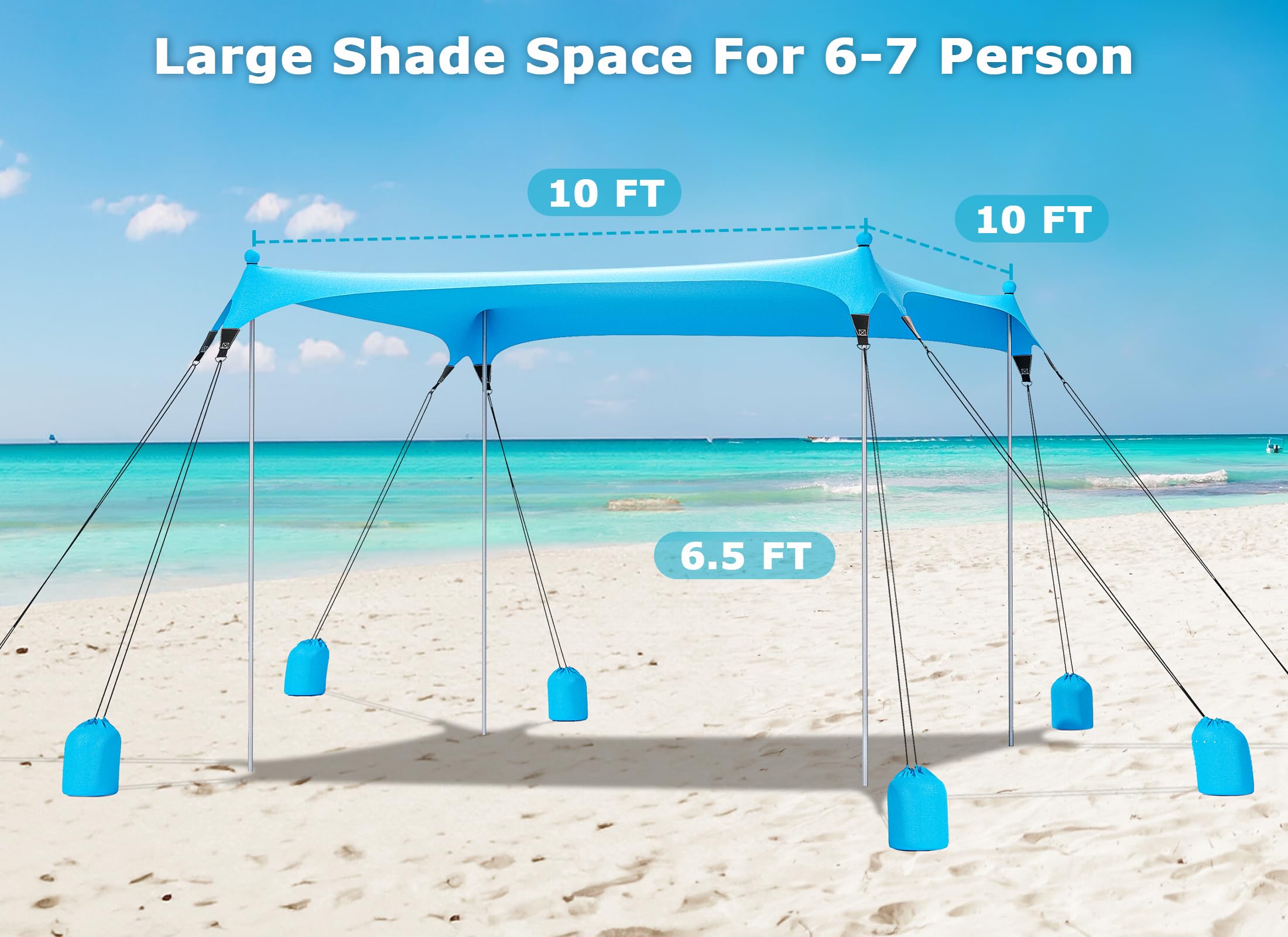 Gorich beach tent includes shovels, stakes, and tension ropes for setup.