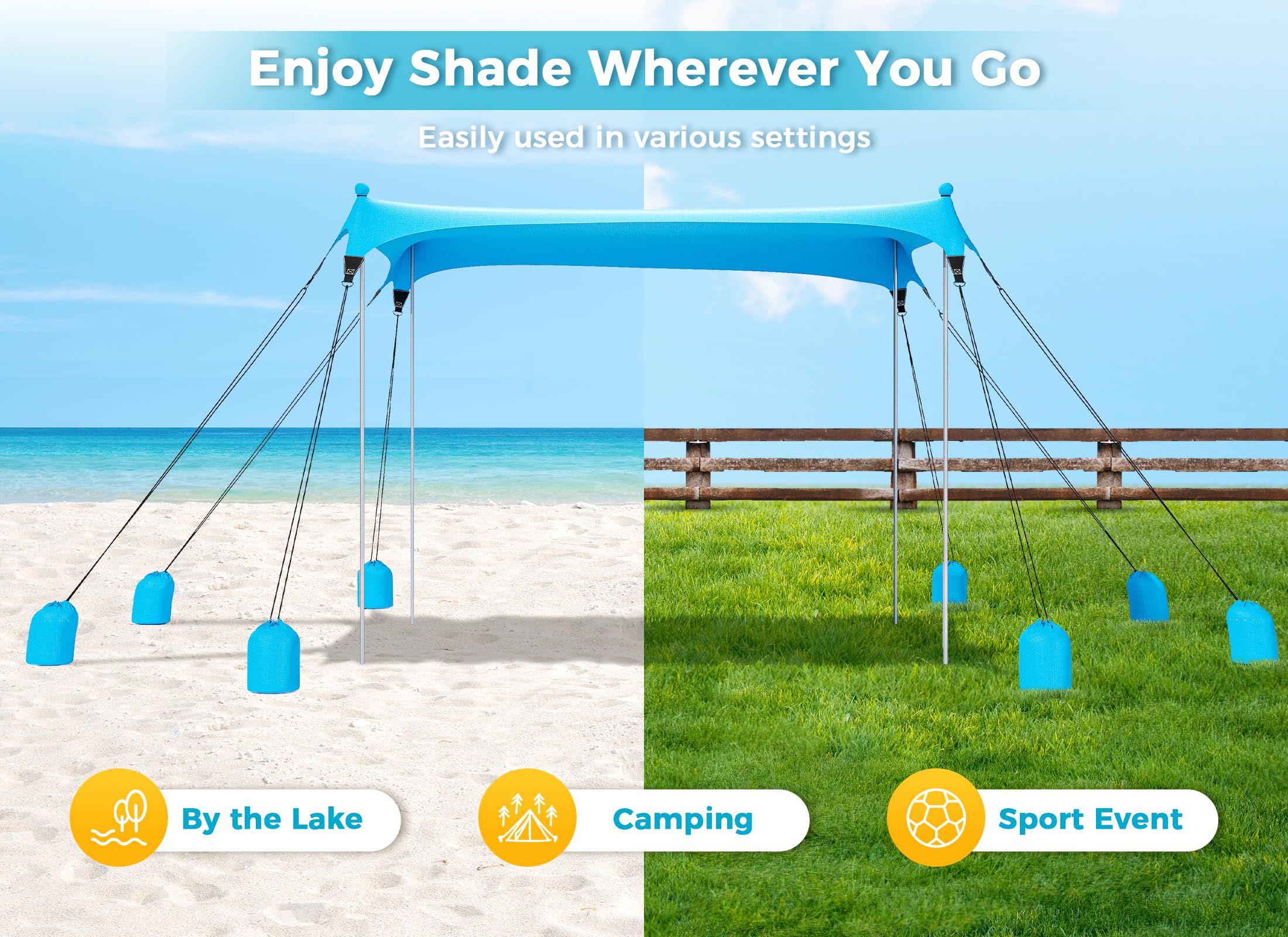 Gorich beach tent shade sizes range 7x7 to 12x12 for groups.