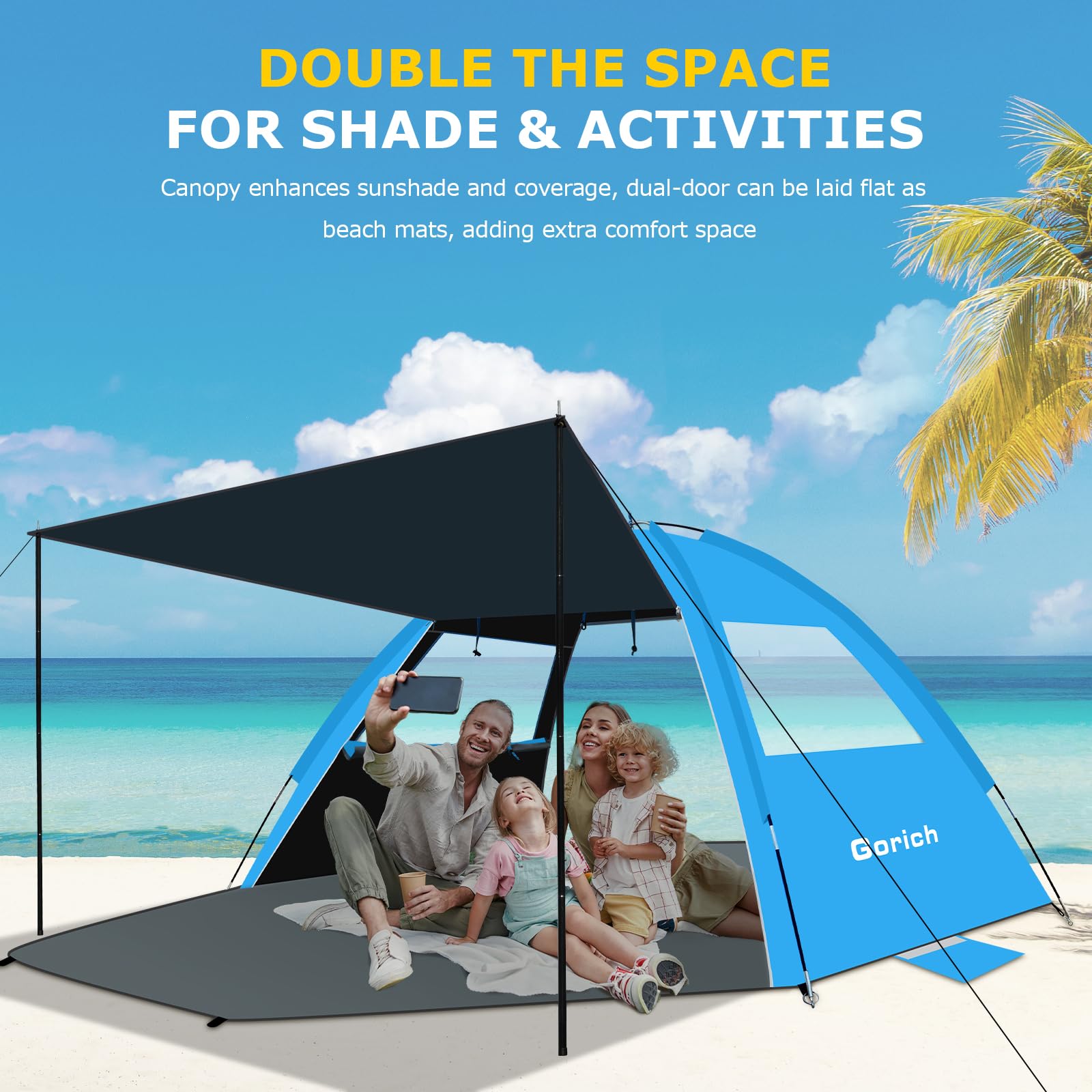 Gorich beach tent side views show dual-door design for easy access and airflow.
