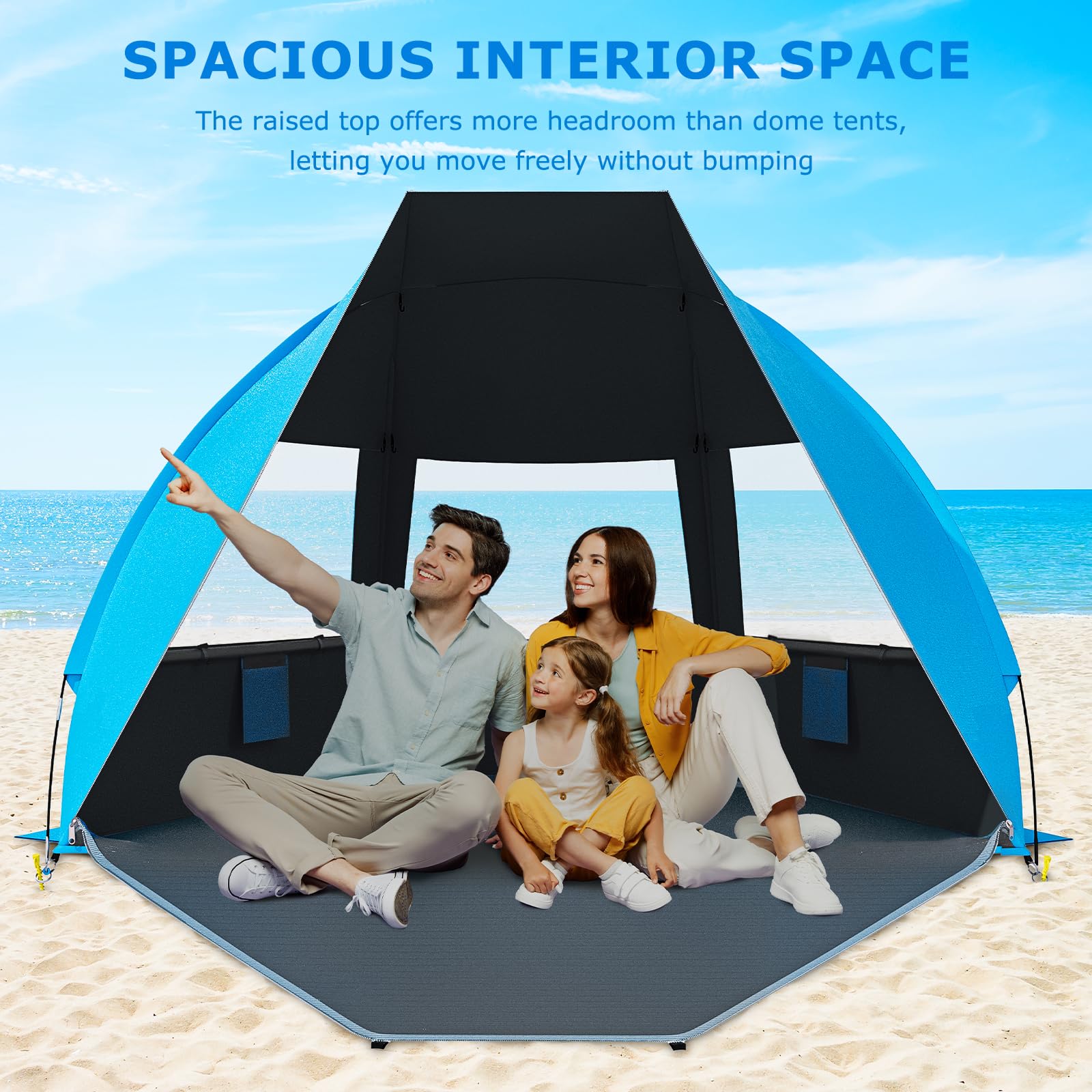 Gorich beach tent interior demonstrates roomy space for four adults and kids