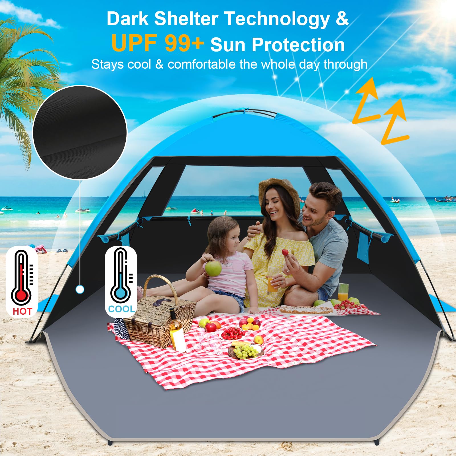 Gorich Beach Tent spacious interior accommodates three people with room to relax.