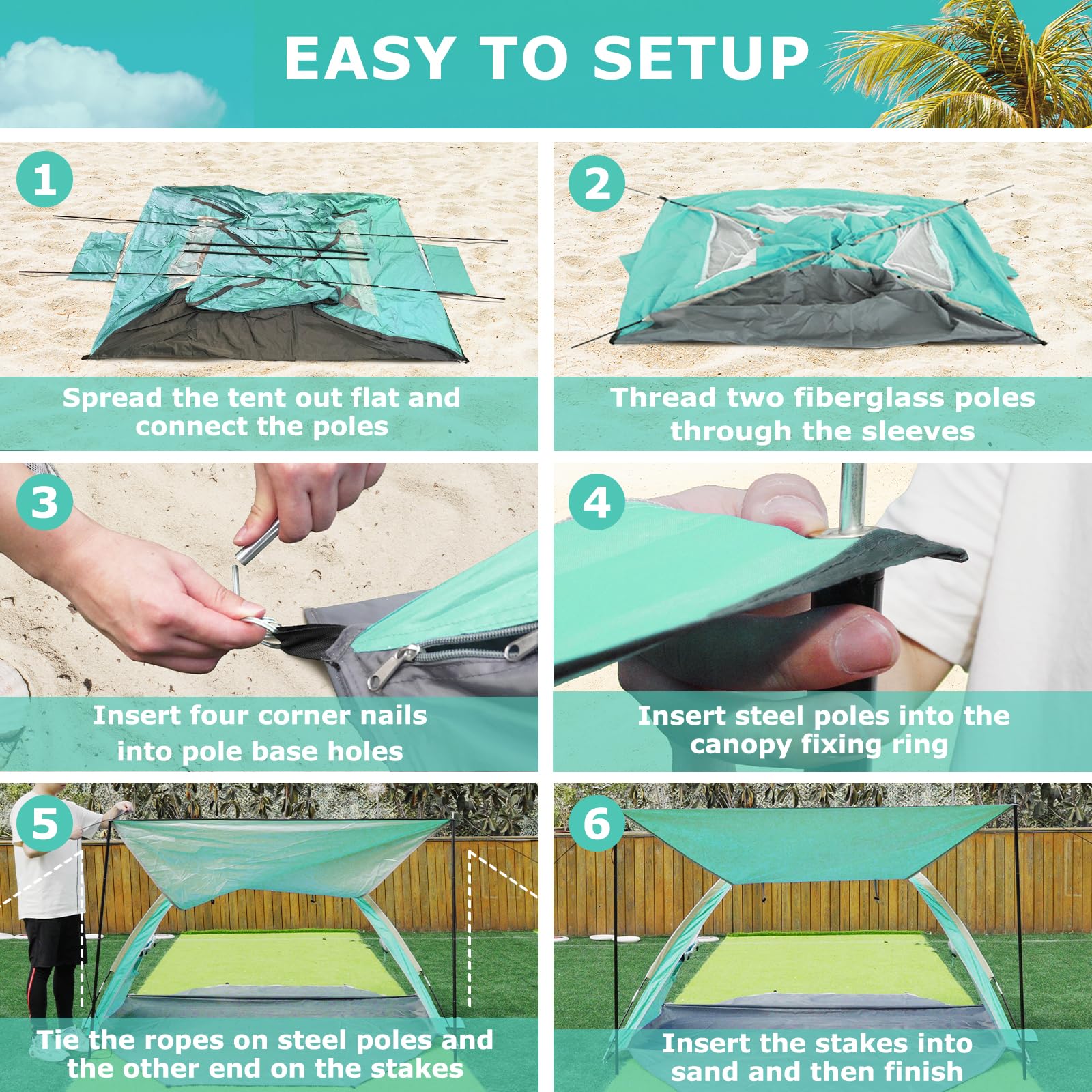 Gorich beach tent reinforced poles resist breezy conditions for stability.