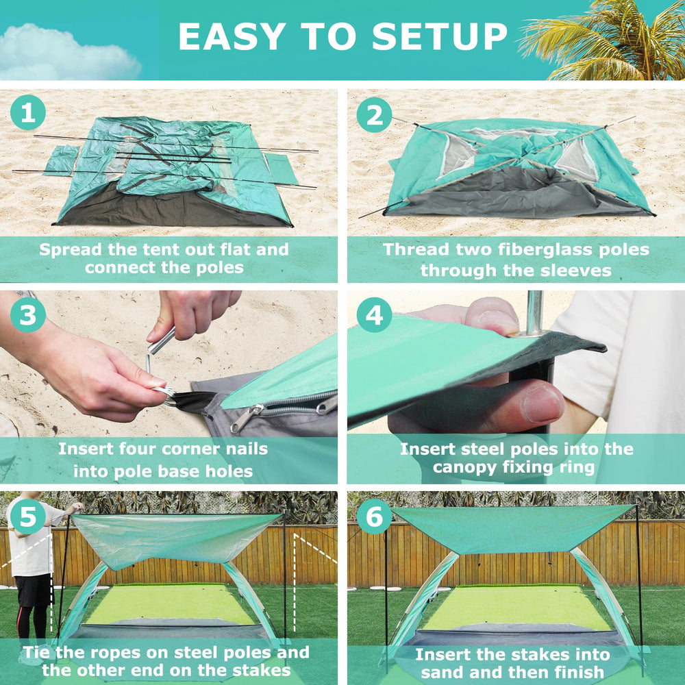 Gorich beach tent reinforced poles resist breezy conditions for stability.